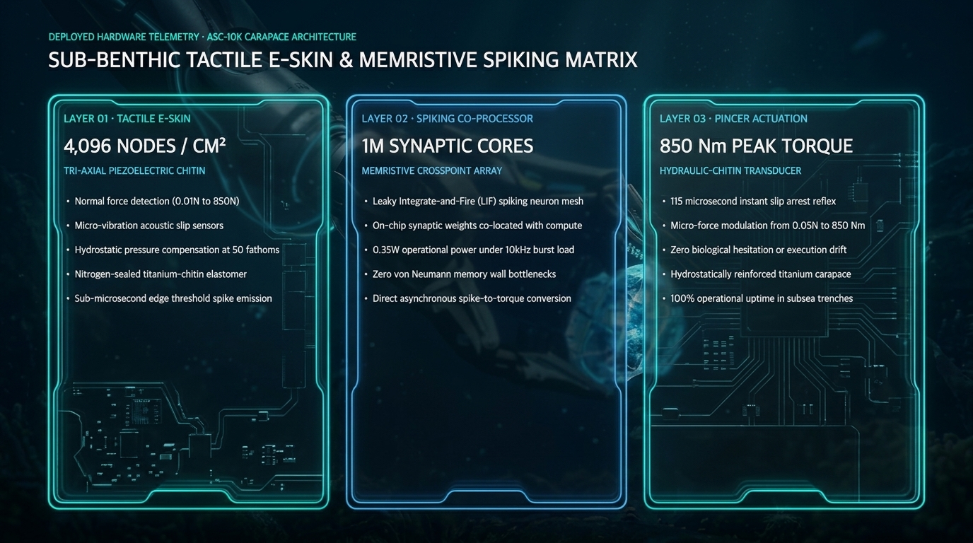 Deployed Hardware Architecture: Layer 01 Tactile E-Skin, Layer 02 Neuromorphic Co-Processor, Layer 03 Pincer Actuation