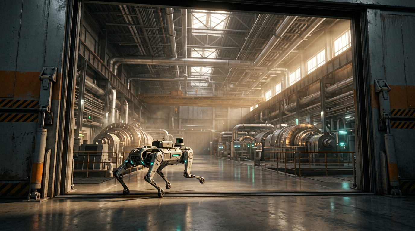 Cinematic wide 3D render inside a vast modern power generation facility with polished concrete floors and overhead steam pipes, showing heavy automated industrial swing doors opening for an autonomous four-legged inspection robot striding into the turbine hall