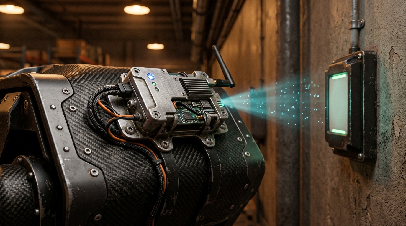 Macro 3D render of an industrial electronic access transponder module mounted onto the rugged composite shell of a quadruped inspection robot, emitting a subtle blue-cyan data telemetry beacon toward a wall-mounted heavy dormakaba door badge reader