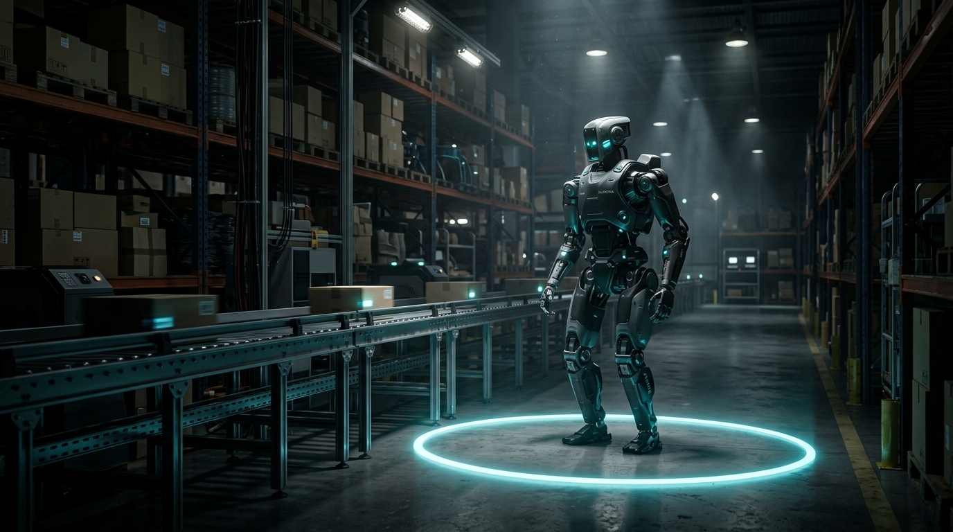 Cinematic 3D render of humanoid 360-degree proximity awareness ring operating on shared facility floor without physical cages.