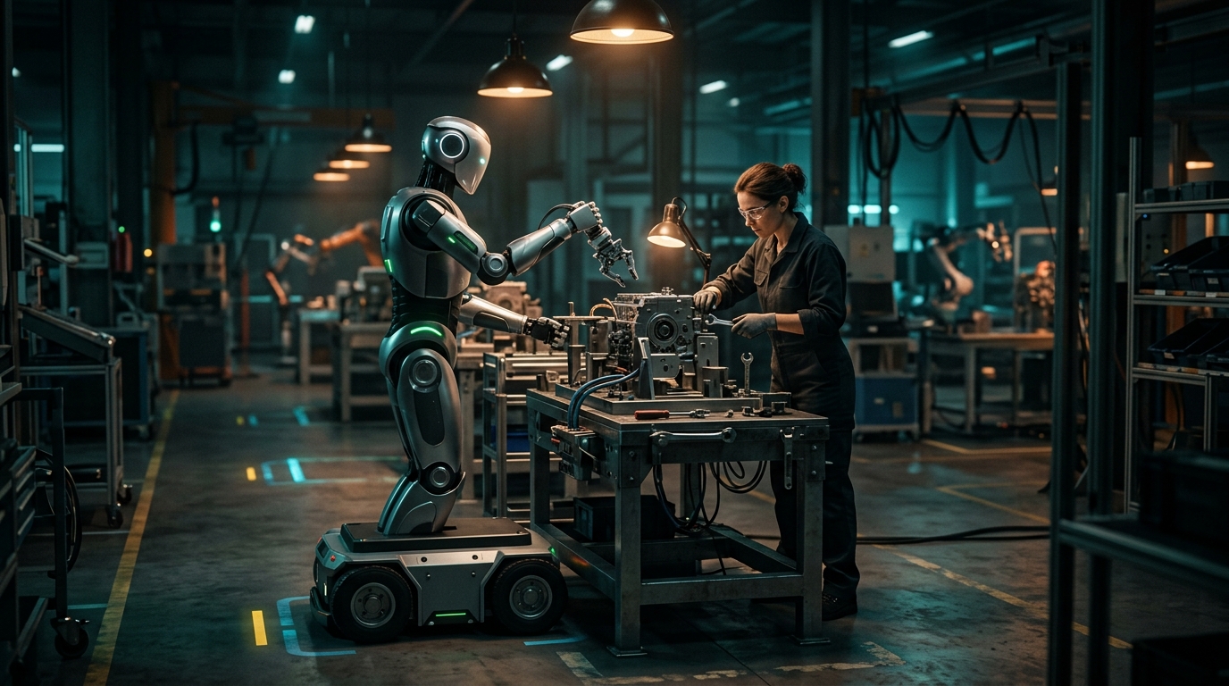 Cinematic 3D render of wheeled collaborative robot sharing an active assembly station aisle without safety cages.