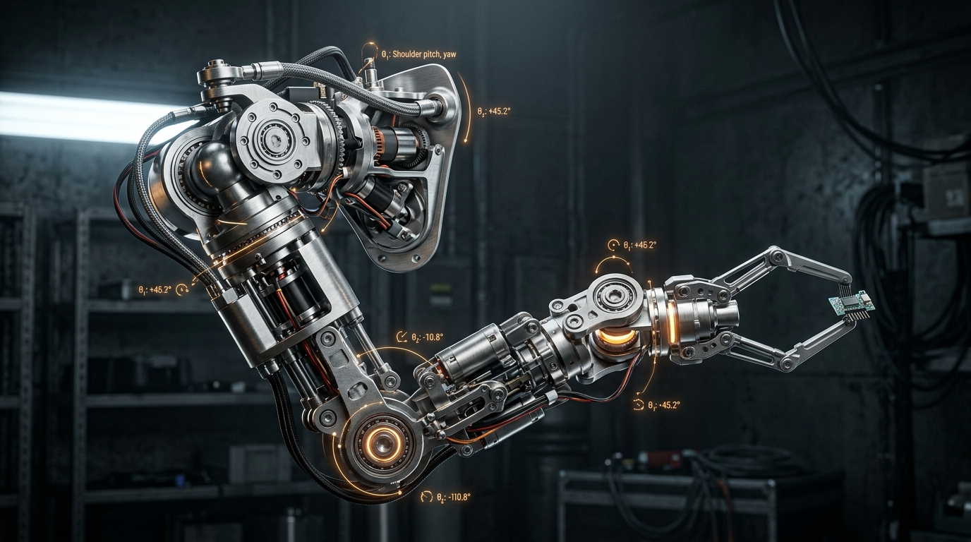 Macro 3D schematic render of articulated robotic arm with scapula axis and dual-finger precision gripper for flexible contact work.