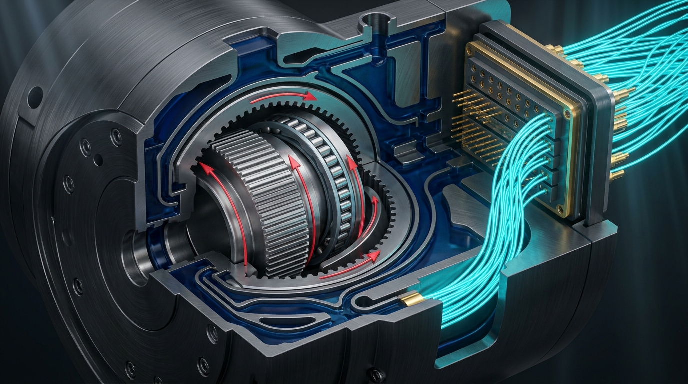 Macro 3D schematic render of a high-torque robotic actuator joint and universal machine hardware interface bus