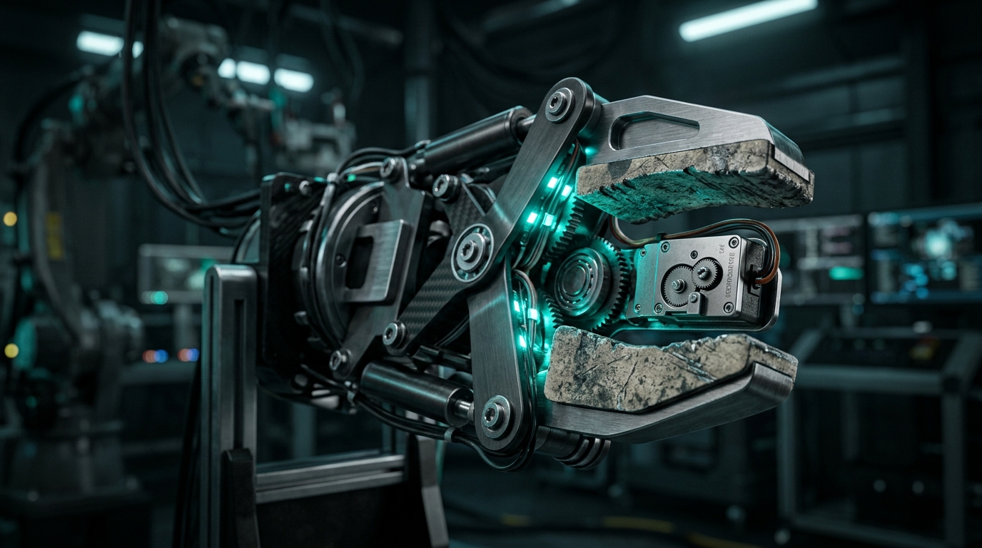Macro 3D schematic render of a robotic end-effector gripper mechanism under diagnostic inspection