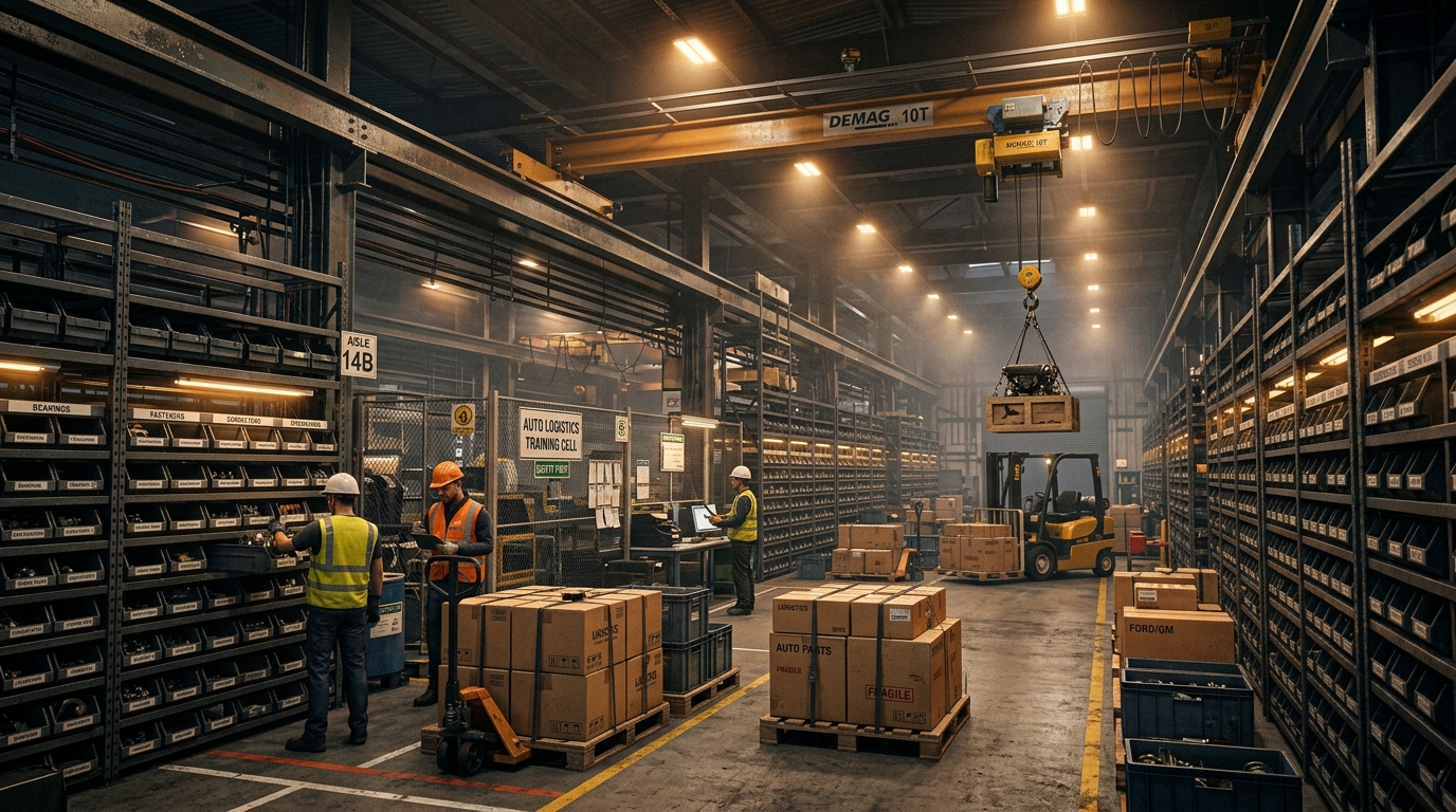 Cinematic 3D render of an industrial automotive logistics training cell with high-density parts cubbies, organized component bins, and sequencing pallets