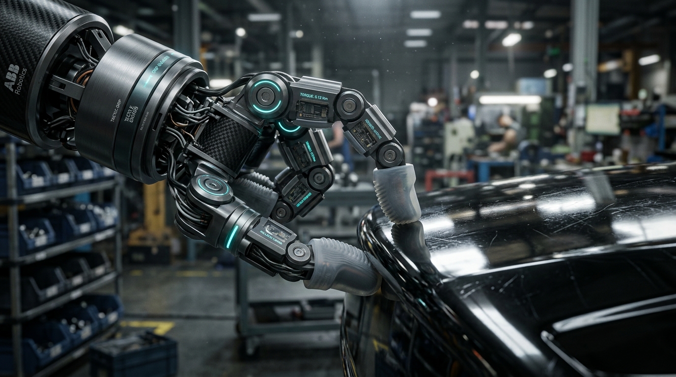 Macro 3D render of articulated bimanual robotic hand with soft tactile sensor fingertip pads delicately grasping a contoured automotive metal panel without leaving a mark