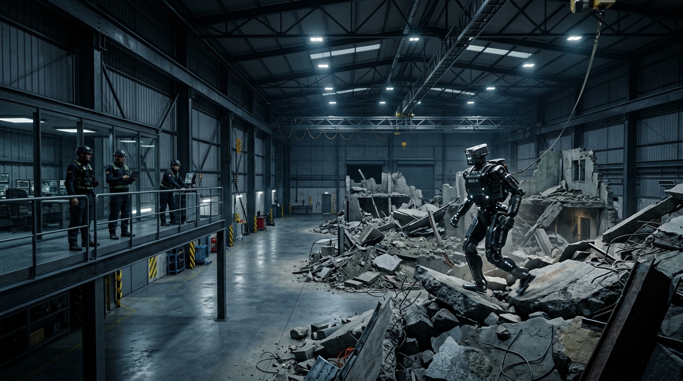 Cinematic wide 3D render inside an expansive 29,000-square-foot modern robotics testing facility with realistic mockups of urban rubble and emergency training corridors, where an autonomous bipedal humanoid navigates across textured obstacles under cool overhead floodlights while human safety personnel observe