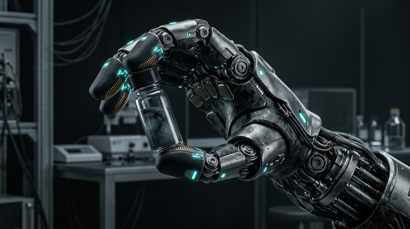 Macro 3D render of an articulated humanoid robotic hand with high-density pressure-sensitive tactile sensor pads on the fingertips, delicately lifting a sealed hazardous sample vial