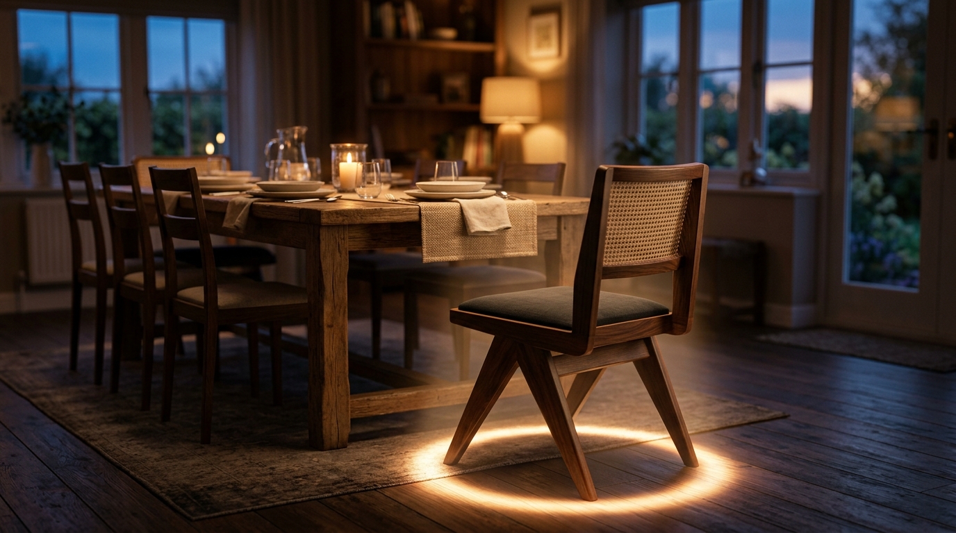 Cinematic 3D render of an empty seventh seat at a dining table bathed in ambient light beside six domestic chairs.