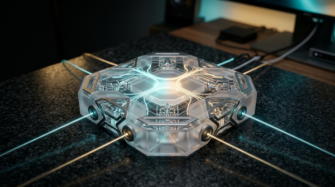 Macro 3D schematic render of a shared multi-seat agent hub routing calendars and documents across six discrete permission channels.