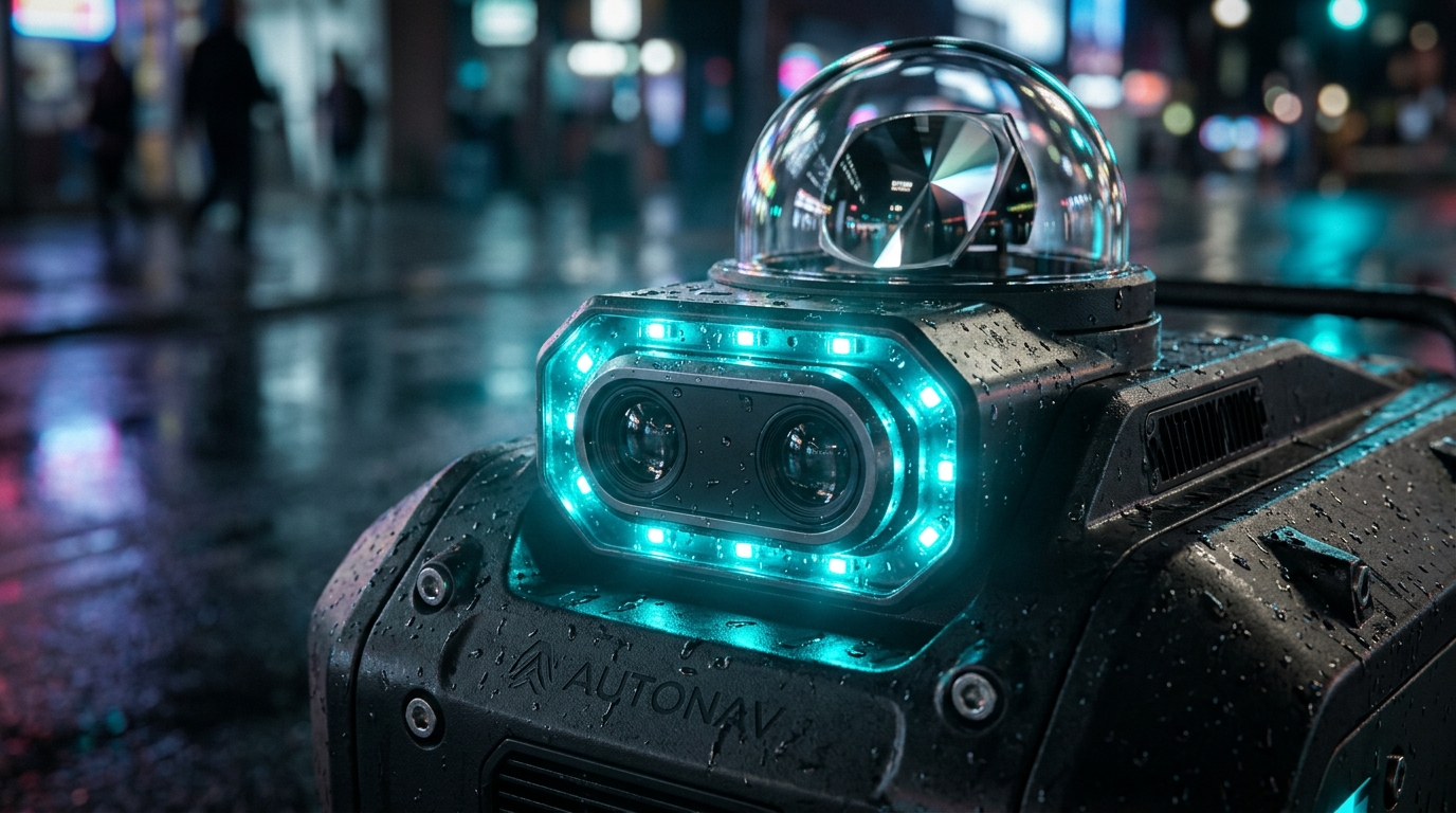 Autonomous delivery rover optical LIDAR turret and stereoscopic navigation array navigating wet pavement on Clark Street.