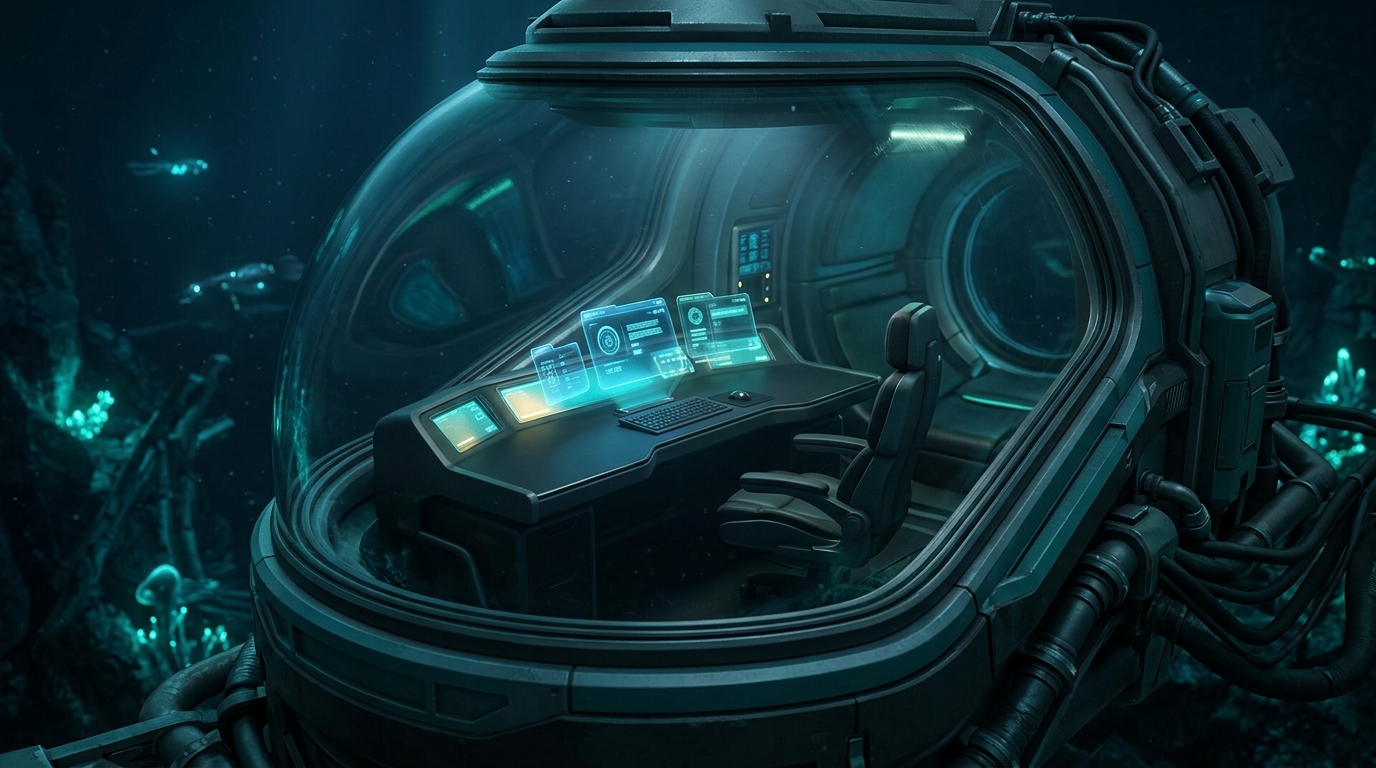 Serene sub-benthic personal isolation pod preserving undisturbed focus and protected workspaces