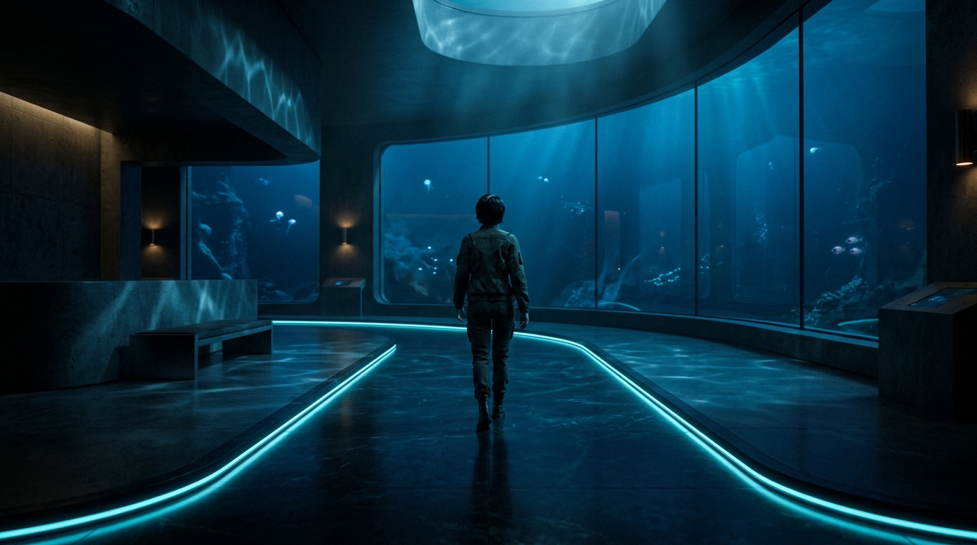 A serene minimalist chamber in the deep, stepping beyond surface noise and entering First Calcification