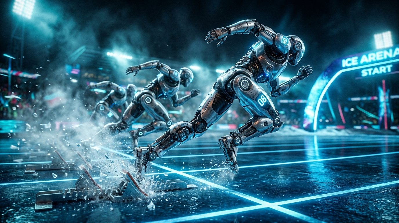 Humanoid robotic sprinters exploding off starting blocks on the illuminated oval track in Beijing