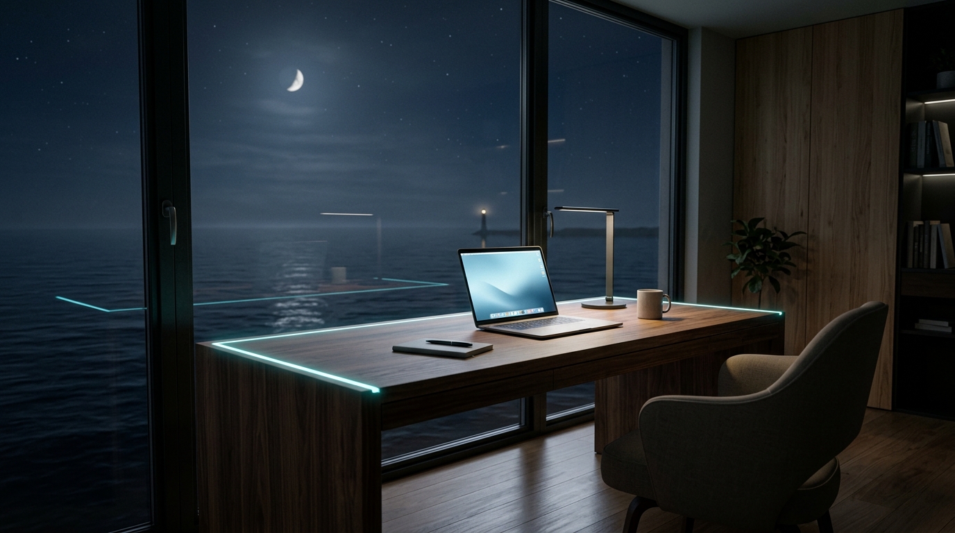 A serene minimalist chamber in the deep, keeping the hour and defining the isolation boundary