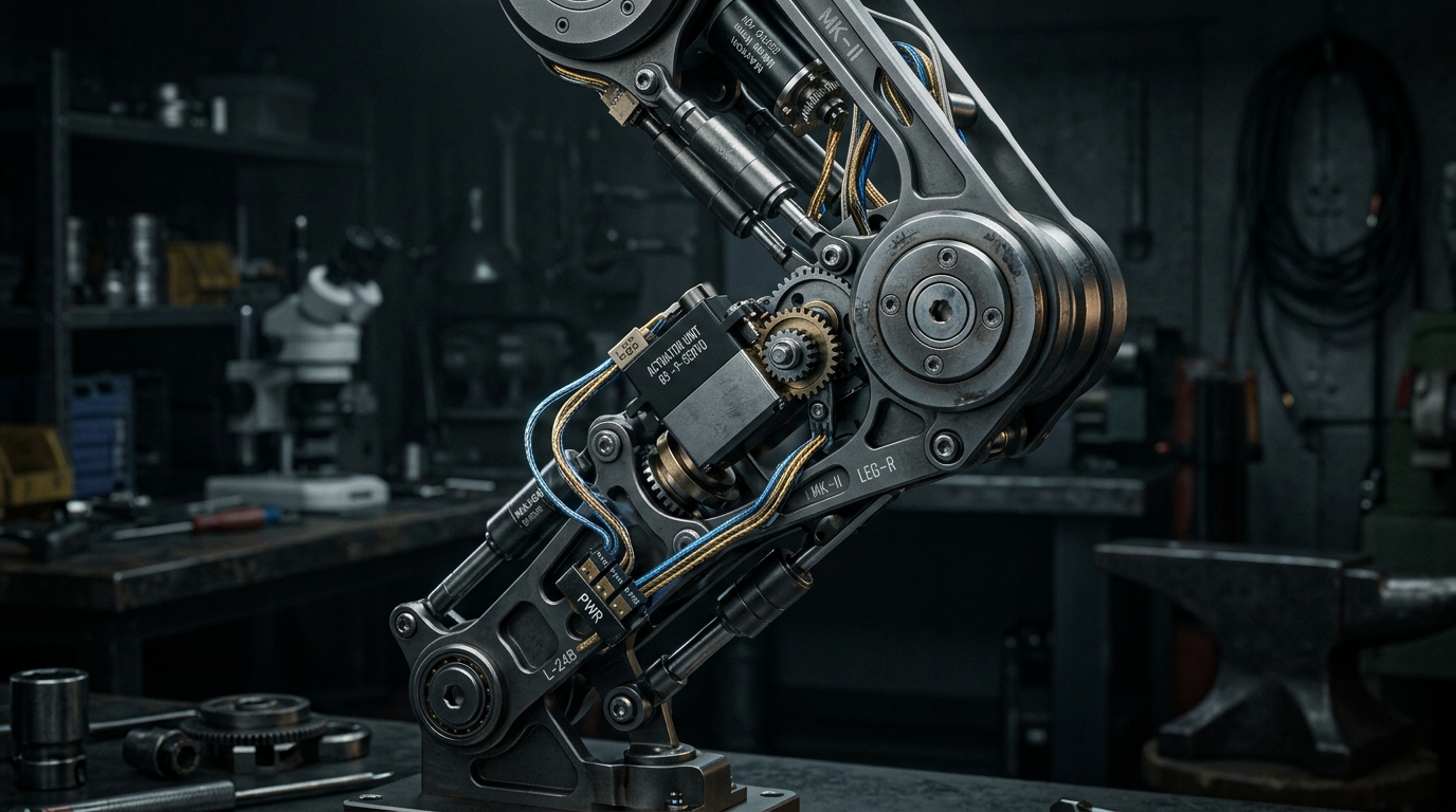 Macro 3D architecture of micro bipedal actuators and precision servo motors inside the chassis